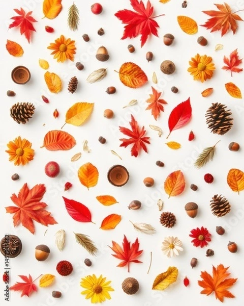 Fototapeta Autumnal Still Life Flat Lay featuring Fall Leaves Acorns Pine Cones and Flowers on White Background Overhead Shot
