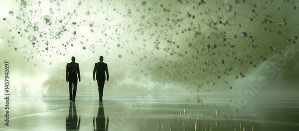 Fototapeta Two men walk toward bright light, data particles fall, future concept