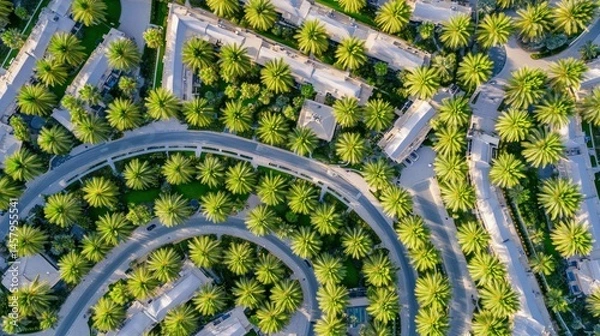 Fototapeta Aerial view of residential area with palm trees and curved roads
