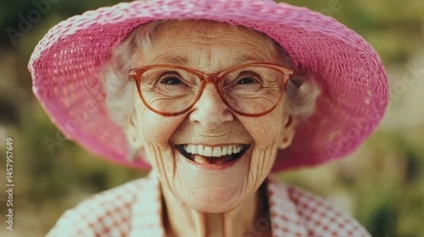 Fototapeta Diverse Inclusive Lifestyle Scenes Concept. A joyful elderly woman in a pink hat and glasses beams with happiness, showcasing her vibrant spirit in a sunny outdoor environment.