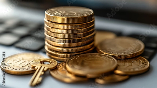 Obraz Golden coins and key stacked on keyboard, symbolizing wealth and security