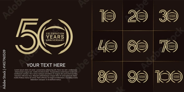 Fototapeta Anniversary logo style double line number set. golden color on brown background for celebration event