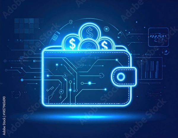 Fototapeta Futuristic digital wallet illustration with dollar coins, circuit patterns, and technology elements on a blue background.