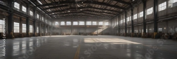 Fototapeta Expansive open space, high ceiling, raw industrial features , factory, pipes