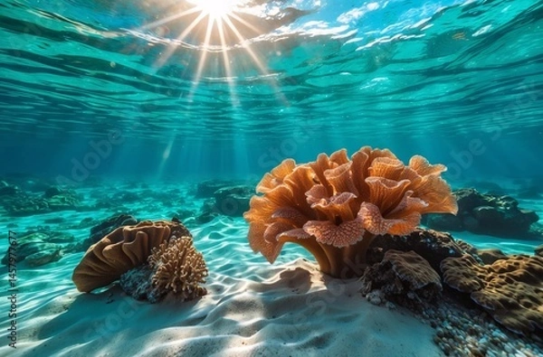 Fototapeta Underwater Coral Reef with Vibrant Marine Life and Sunlight Streaming Through Water