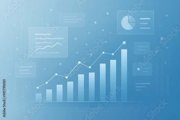 Obraz Rising Metrics: An artistic portrayal of ascending data visualizations, showcasing exponential growth, financial progress, and successful business metrics on a vibrant blue background.