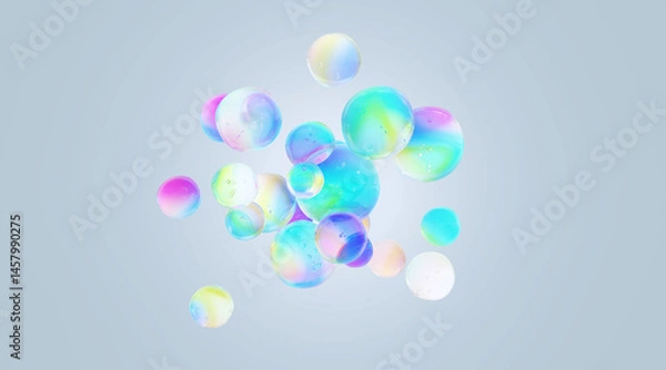 Fototapeta Magical 3D iridescent bubbles float in dreamy space, symbolizing fantasy beauty, enchanted hydration, and ethereal skincare. Perfect for packaging design in cosmetics, wellness, and magical branding.