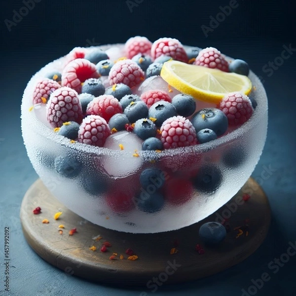 Obraz A translucent iced bowl earthen in shape with frozen raspberries
