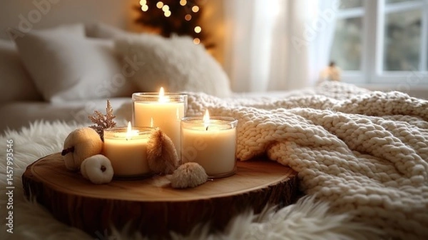 Obraz Cozy Winter Ambiance, Lit Candles and Soft Textures Create a Serene Setting
