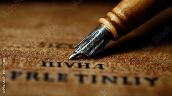 Obraz Vintage fountain pen on aged paper with illegible text creates a sense of nostalgia