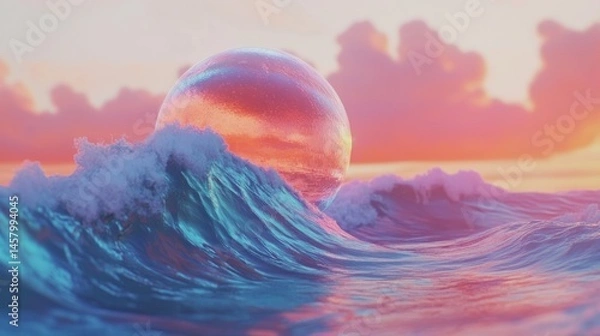 Obraz Surreal Oceanscape, A Luminous Sphere Riding the Waves at Sunset