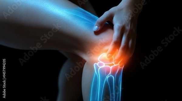 Obraz Illustration of knee pain concept with human anatomy and x-ray effect, injury and arthritis showing in abstract way for education