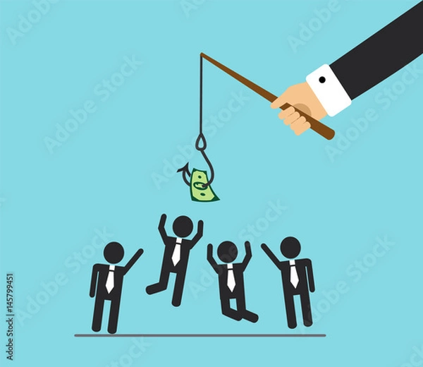 Obraz The hand will bite the fishing rod. The hook hangs money and office workers jump, they want to do the work and get money