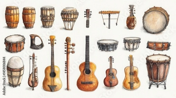Fototapeta Various Musical Instruments Illustration with Traditional Design Elements
