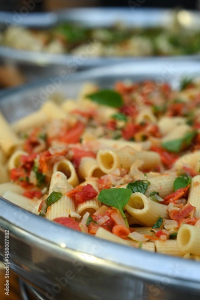 Fototapeta food in the restaurant, close up of pasta, spring folder, pasta with tomato and basil, table with food
