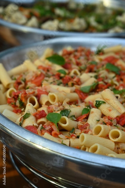Fototapeta food in the restaurant, close up of pasta, spring folder, pasta with tomato and basil, table with food
