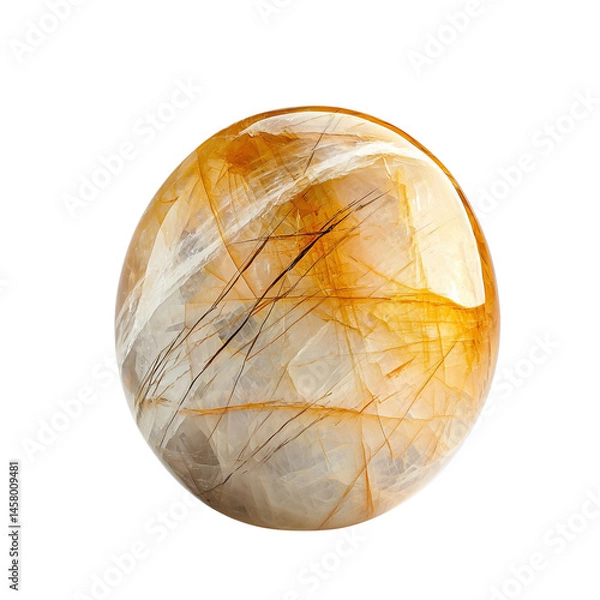 Fototapeta A smooth, oval Rutilated quartz, stone with an intricate pattern of lines and a warm color palette. isolated on white background and transparent background
