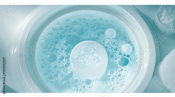 Fototapeta Close-up of a light teal-colored cleansing device filled with sudsy, bubbly water and small white components.  Clean, hygienic, and spa-like