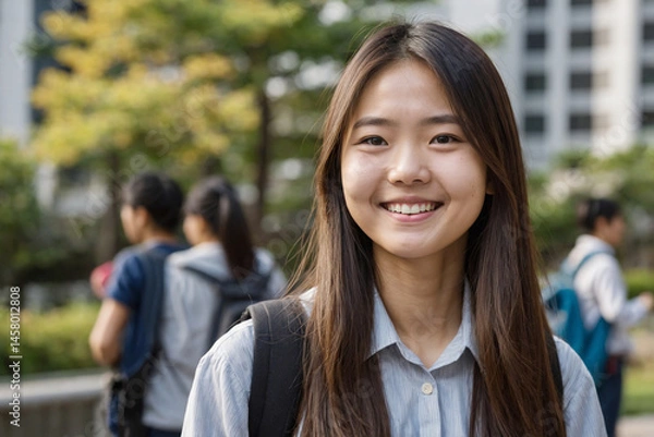 Obraz キャンパス内の笑顔の女子学生