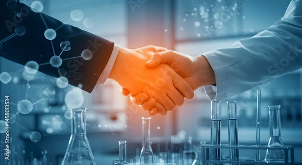 Fototapeta Business Handshake in Pharmaceutical Chemistry Lab with Orange Light and Molecule Structure Background Near Test Tubes and Beakers