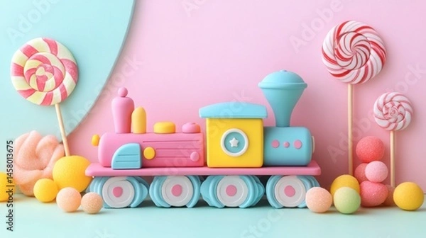 Fototapeta Colorful Toy Train Surrounded by Sweets and Candy Lollipops