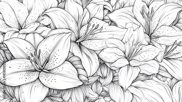 Fototapeta Detailed line drawing of lilies creates an intricate, floral pattern. Ideal for backgrounds, coloring pages, or textile design projects.