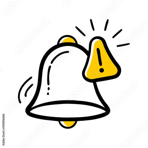 Obraz Doodle-style ringing bell icon with yellow warning triangle (exclamation mark). Use for app notifications, alerts, or UI design elements on blogs.