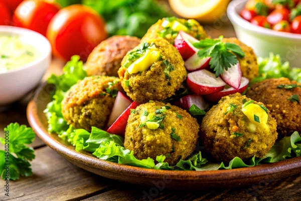 Fototapeta Colorful close up of crispy vegetable falafel with garnish. AI Generative