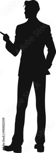 Fototapeta Silhouette of a man in a suit, standing confidently with one hand on his hip and the other pointing forward. Ideal for business, leadership, and professional themes.