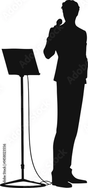 Fototapeta Silhouette of a speaker holding a microphone, standing confidently. Perfect for themes of public speaking, performance, and professional presentations.