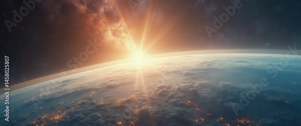 Fototapeta Breathtaking view of planet Earth with radiant sunrise illuminating clouds and city lights from space