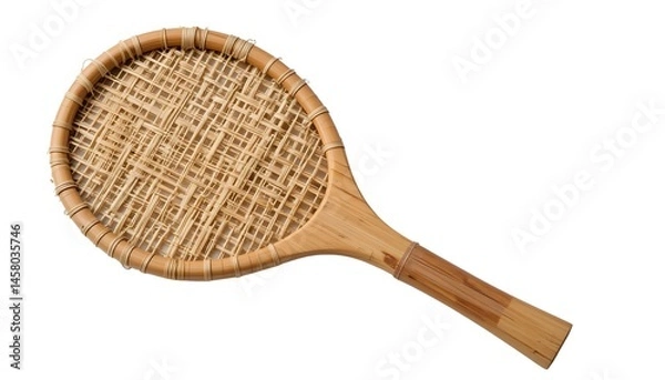 Fototapeta Handwoven bamboo fly swatter with natural fibers, traditional insect control tool isolated on white background