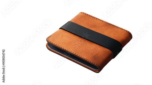 Fototapeta High-angle view of a stylish tan leather wallet featuring a dark band, showcasing its craftsmanship and design details.