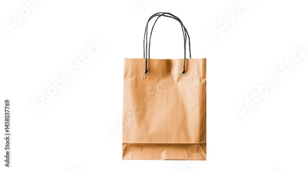 Fototapeta Light brown paper shopping bag with dark handles, presented against a black backdrop, showing its empty interior.