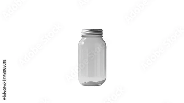 Fototapeta Simple, empty, transparent glass bottle with a metallic lid, presented against a plain black background.  The image showcases a clear, detailed view of the bottle's form and design.
