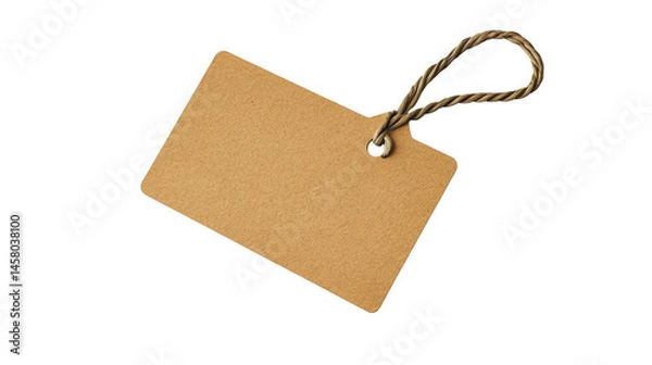 Fototapeta Close-up view of a plain, light brown paper tag, attached to a piece of twine, isolated against a dark background.