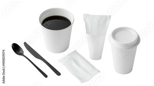 Fototapeta shot displays a selection of white disposable tableware, including a cup, spoon, knife, napkin, and lids.  Black utensils are also included.