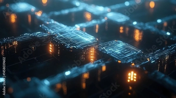 Fototapeta A futuristic blockchain network with glowing nodes and digital connections