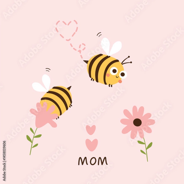 Fototapeta Mothers card with bee cartoons, pink daisy flower and hand written fonts on pink background vector. 