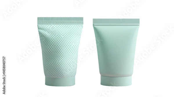 Fototapeta Two light mint-colored, empty packaging mockups, showcasing a pouch and a tube, for cosmetic products.  The designs have a subtle pattern.