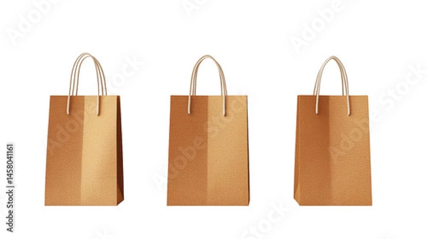 Fototapeta shot of three light brown paper shopping bags with handles, set against a dark background. The bags are arranged in a horizontal row, presented for a product display.