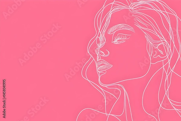 Fototapeta A pink background with a white outline of a woman's face in profile.