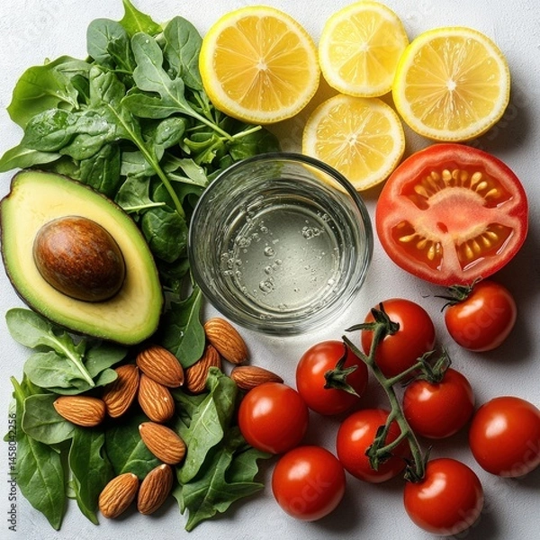 Fototapeta Top view of fresh plant-based ingredients including avocado, cherry tomatoes, almonds and lemon slices on a clean white background. Ideal for keto, vegan, and clean eating concepts.