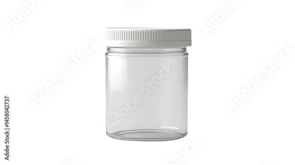 Fototapeta Clear plastic jar with a white lid and a white scoop is shown. The jar is empty, and the image is a  shot against a dark background.