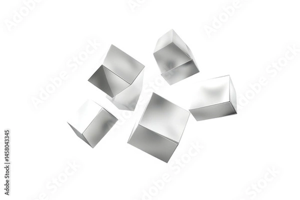 Fototapeta Digital illustration depicts several white cubes in a dynamic arrangement against a neutral background. The forms appear fragmented, suggestive of motion or collision.