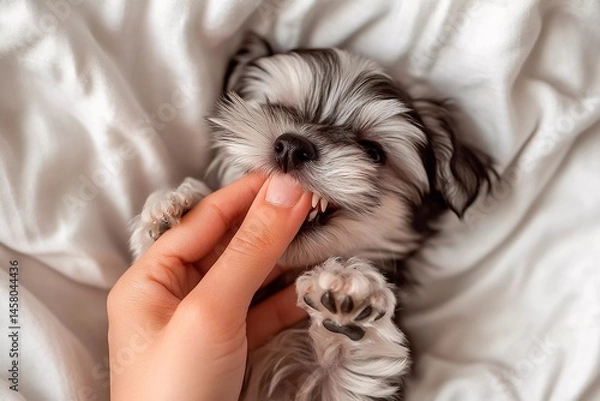 Obraz Playful Puppy Gently Biting Finger on White Blanket
