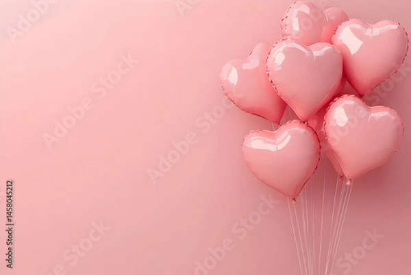 Fototapeta Pink heart-shaped balloons float against a matching pink background.