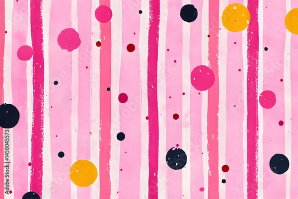 Fototapeta Pink striped background with colorful polka dots creating a playful pattern.