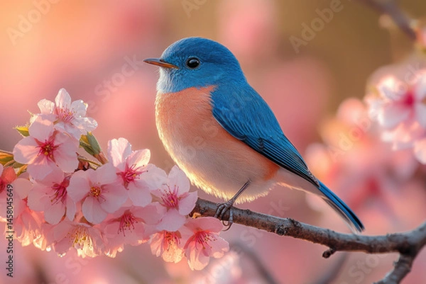 Fototapeta Detailed Bluebird Perched on Dewy Blossoms in Soft Morning Glow