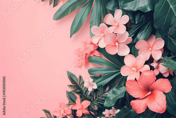 Fototapeta Pink flowers and green leaves arranged on a soft pink background.